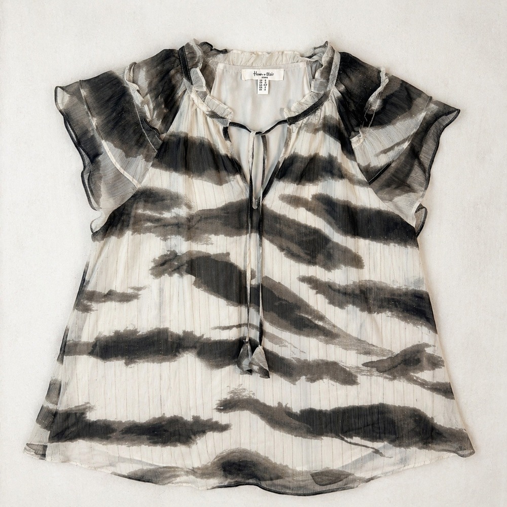 Haver + Blair Womens Animal Print Tiger Zebra Flutter Sheer Metallic Blouse S